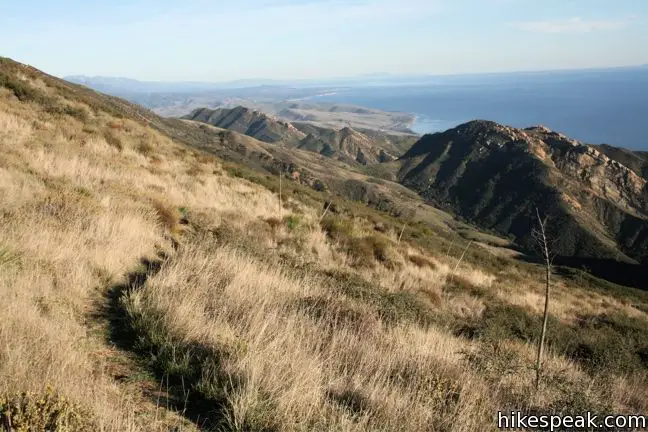 This 6.5-mile loop mounts a 2,458-foot summit two miles from the Pacific and then descends Trespass Trail to explore the wilds of the Santa Ynez Mountains.